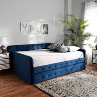 Baxton Studio CF9183-Navy Blue-Daybed-F/T Jona Modern and Contemporary Transitional Navy Blue Velvet Fabric Upholstered and Button Tufted Full Size Daybed with Trundle